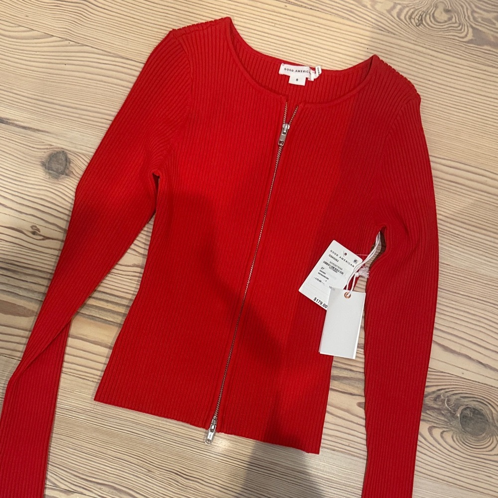 Good American Red Ribbed Zip Sweater